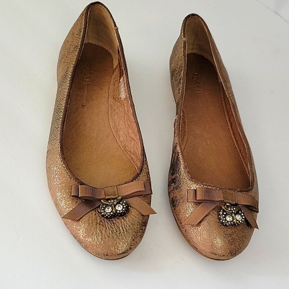Fossil Burnished Leather Ballet Flats with Owl Charms Bronze Size 7 - Picture 3 of 12
